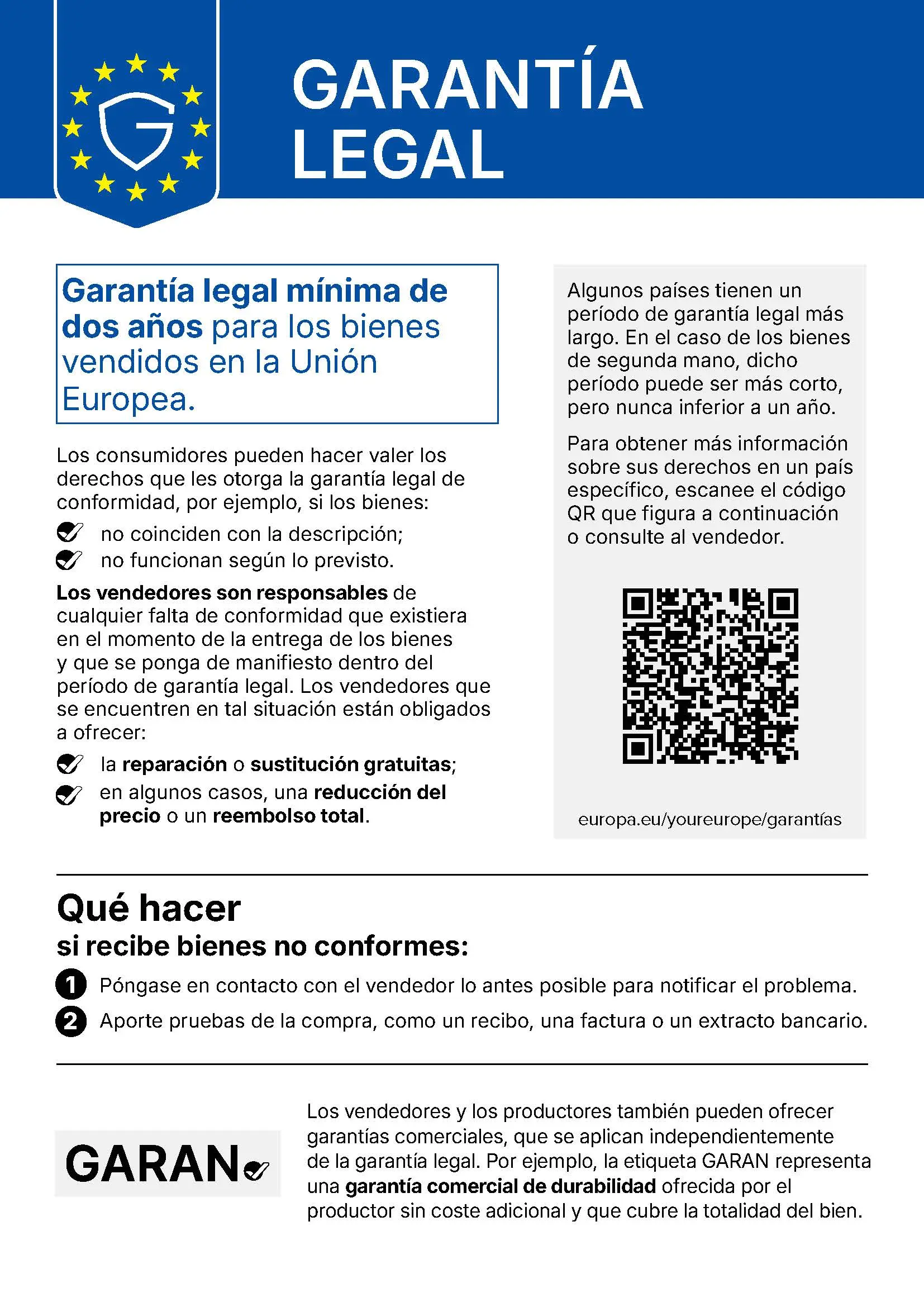 Aviso armonizado sobre la garantía legal de conformidad